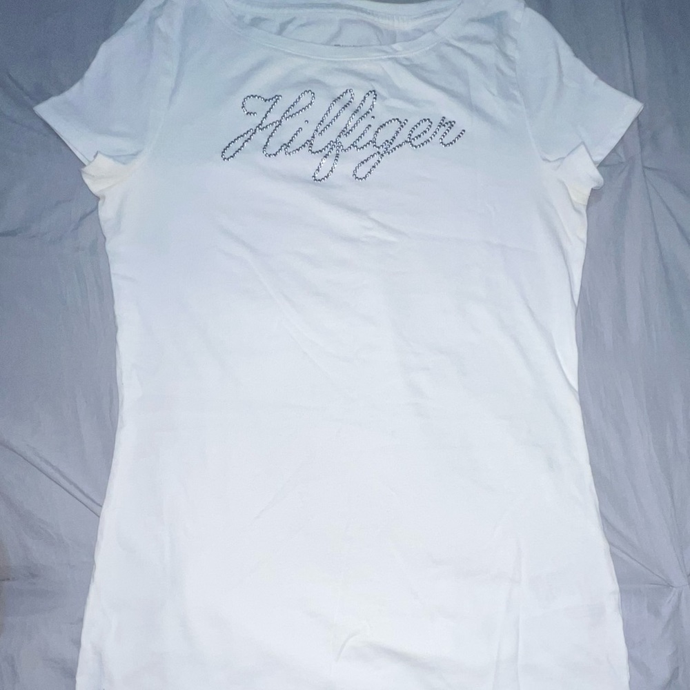 Tommy Hilfiger, white tee, XS, white, silver rhinestones, form fitting